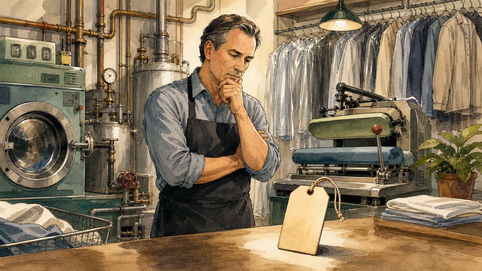 Editorial illustration of a dry cleaner owner standing inside a working plant