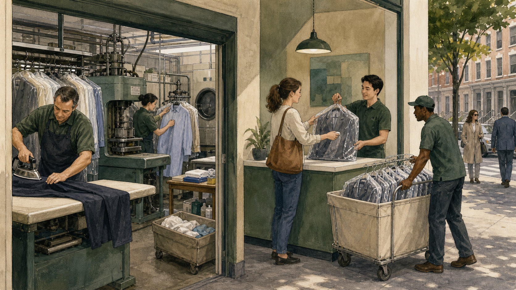 Editorial illustration comparing an in-house dry cleaning plant with a drop-off counter