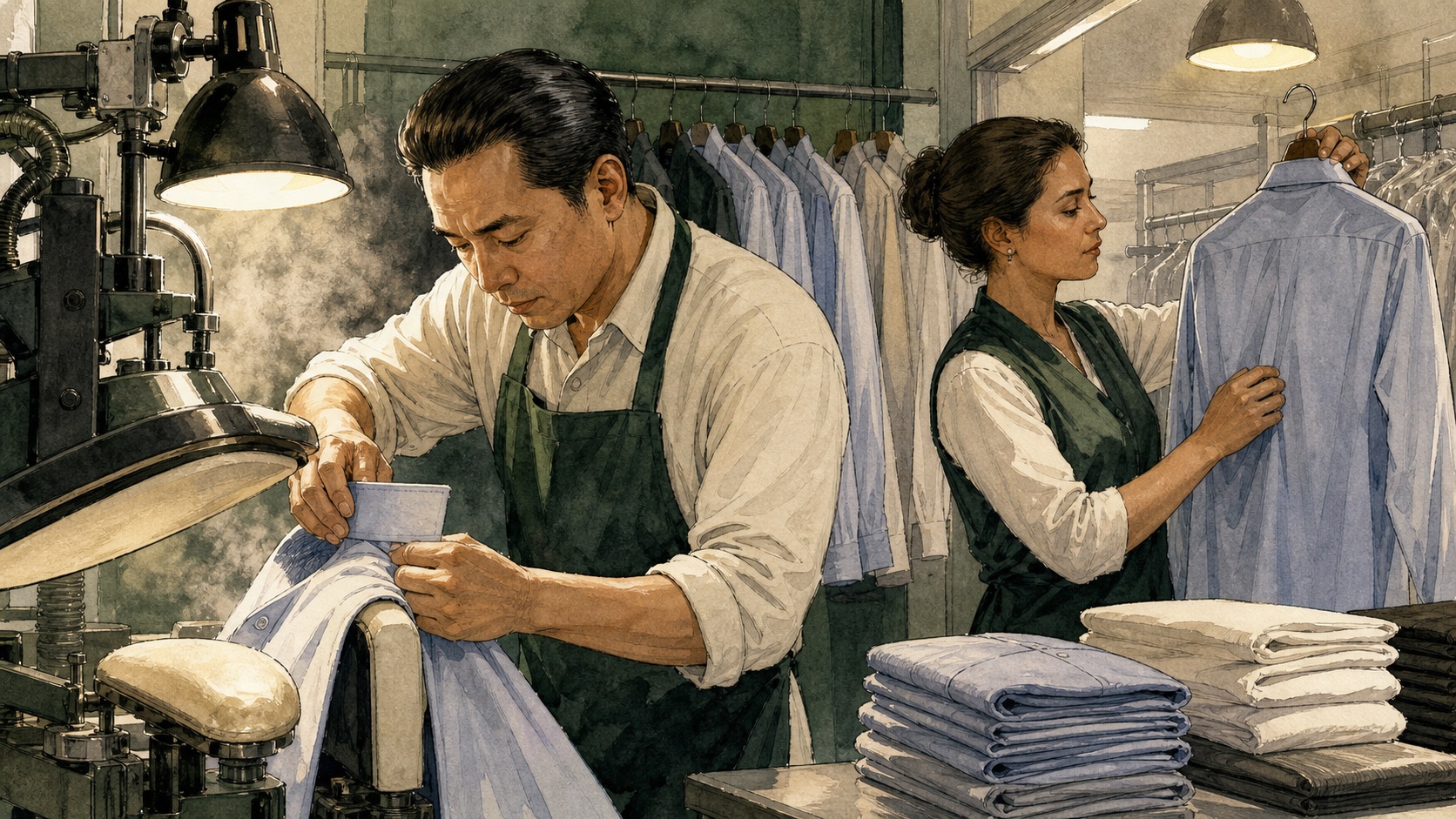 Editorial illustration of skilled workers pressing and finishing shirts inside a dry cleaning plant