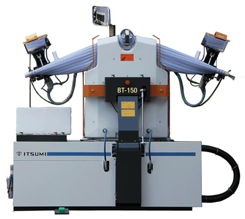 Itsumi BT-150 single-buck shirt-finishing unit with a shirt mounted on its form and sleeves extended