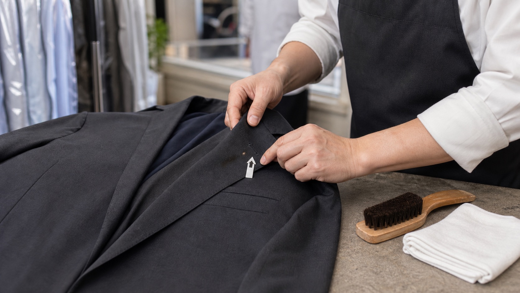 A cleaner inspecting a dark suit jacket before cleaning
