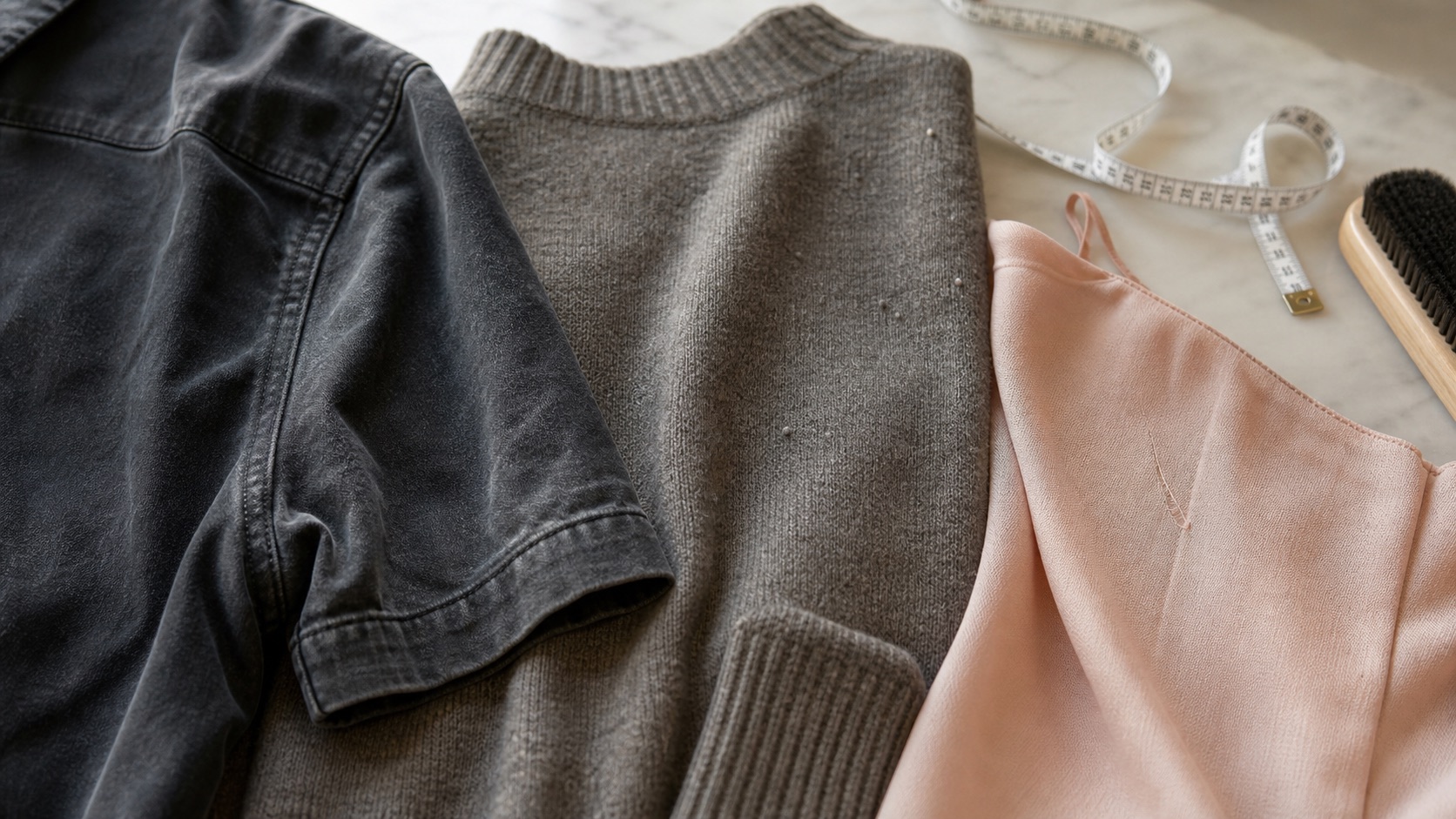 Garments showing fading, pilling, and fabric wear on a clean counter