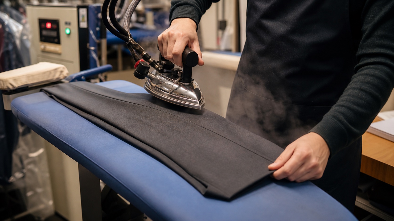 A garment being professionally pressed on a commercial pressing table