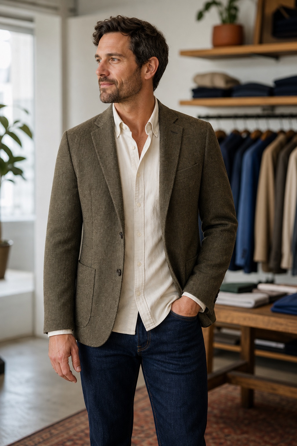 A man wearing a properly fitted casual brown blazer with an Oxford shirt and jeans