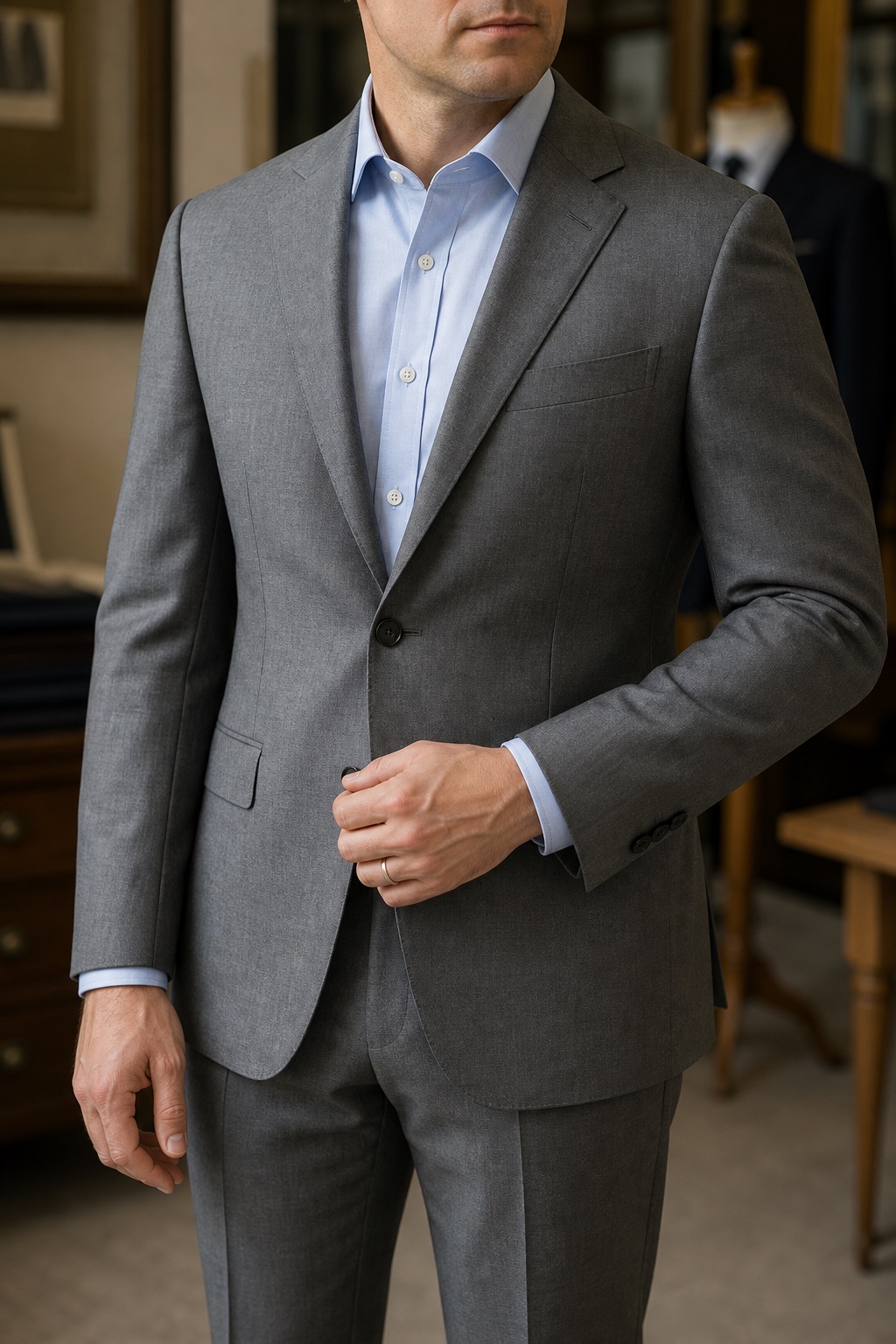 A man wearing a properly fitted gray suit jacket over a pale blue dress shirt