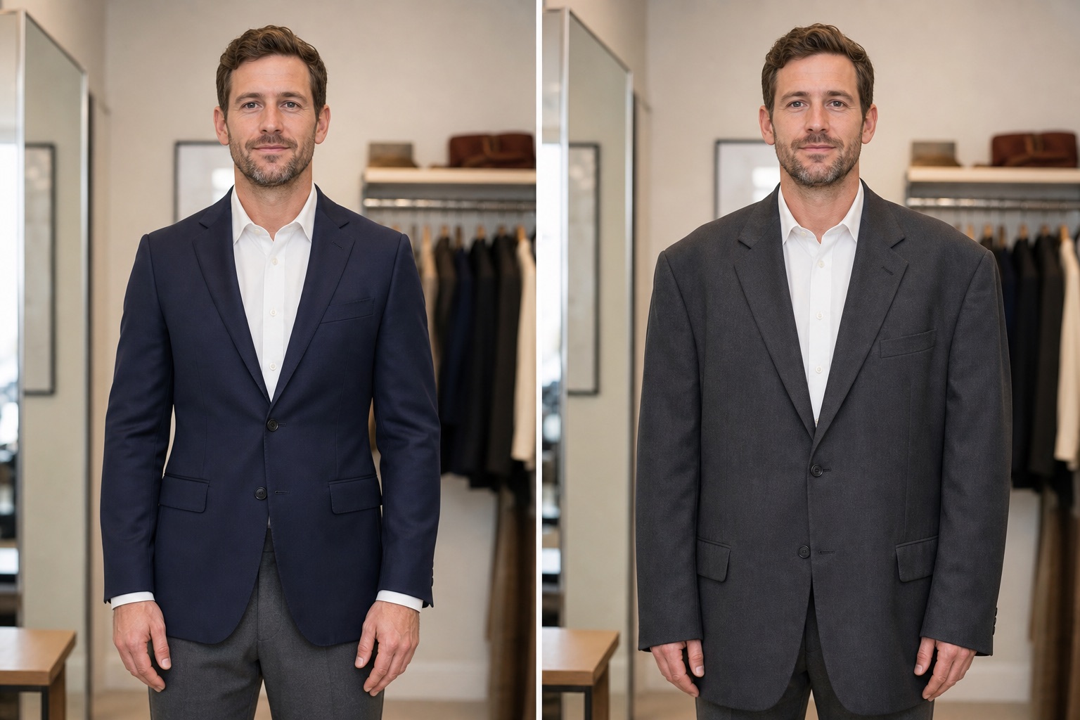 The same man wearing a properly fitted navy blazer and an oversized charcoal blazer